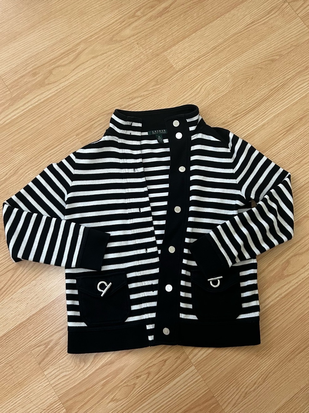 LAUREN RALPH LAUREN Striped Button Knit Cardigan Jacket Silver Hardware - XS